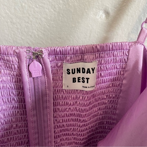 Aritzia Sunday Best Spencer Lilac Purple Satin Cowl Smocked Mini Dress Small - Picture 4 of 5